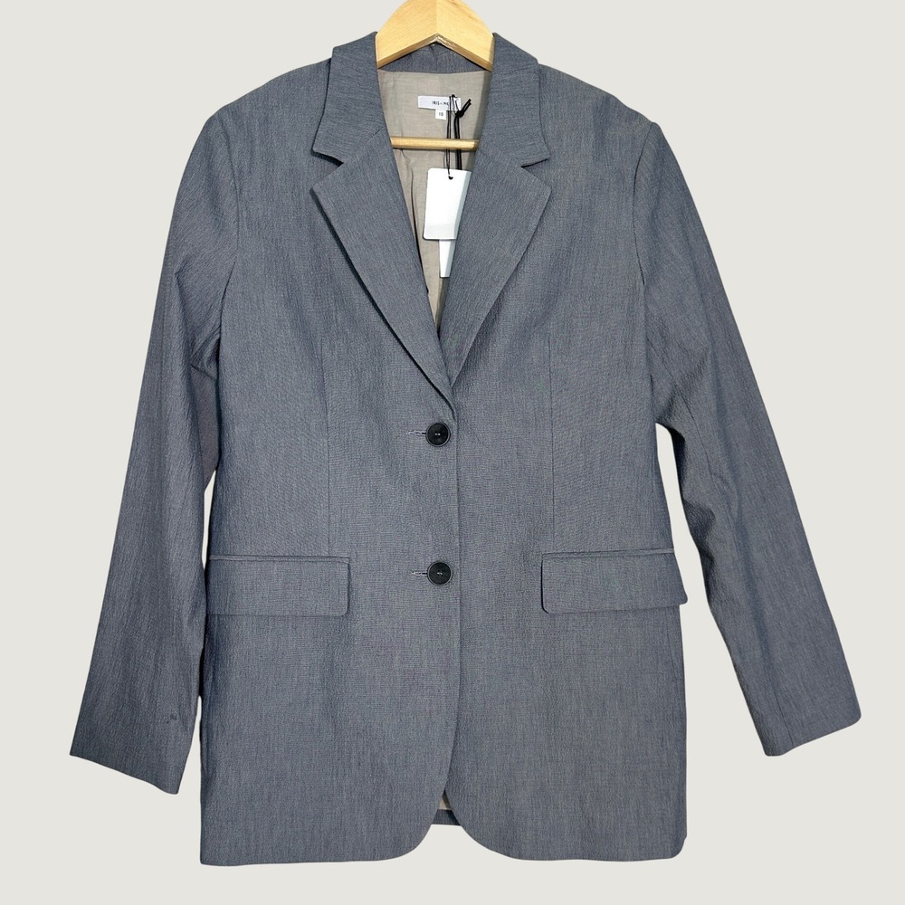 Iris & Ink Blazer Organic Cotton Size 10 Grey Two Button Professional Career - Picture 2 of 11
